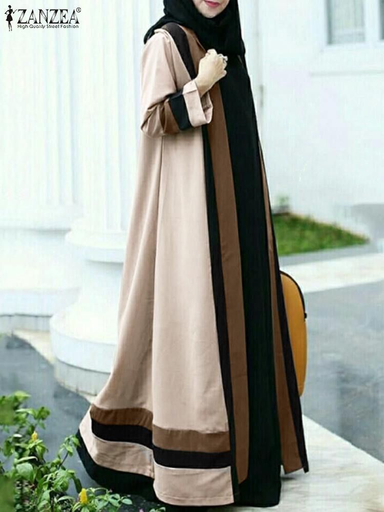 ZANZEA Fashion Muslim Dubai Turkey Long Cardigan Women Abaya Color-Khaki