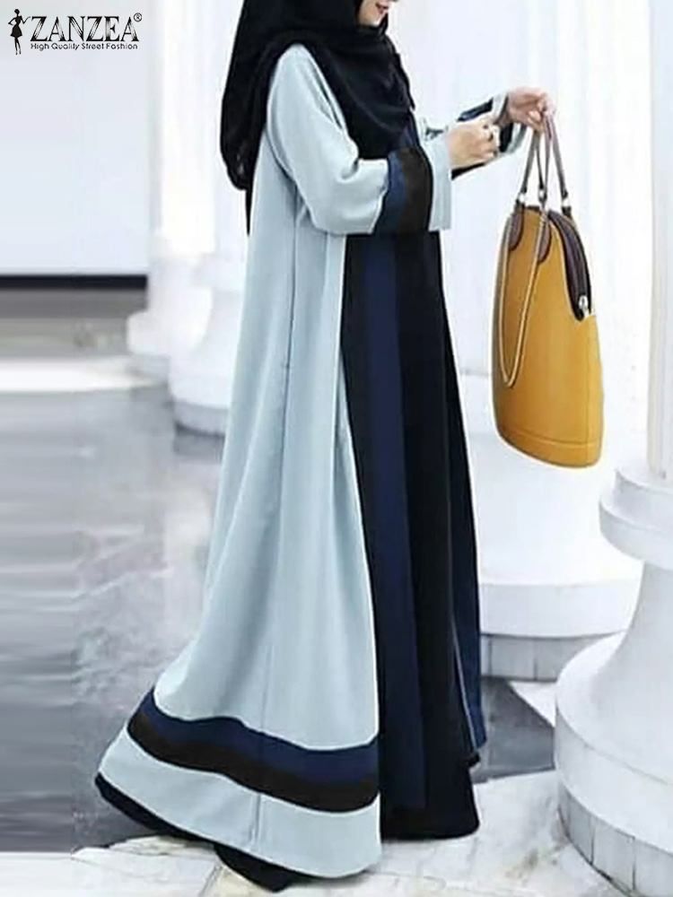 ZANZEA Fashion Muslim Dubai Turkey Long Cardigan Women Abaya Color-Blue