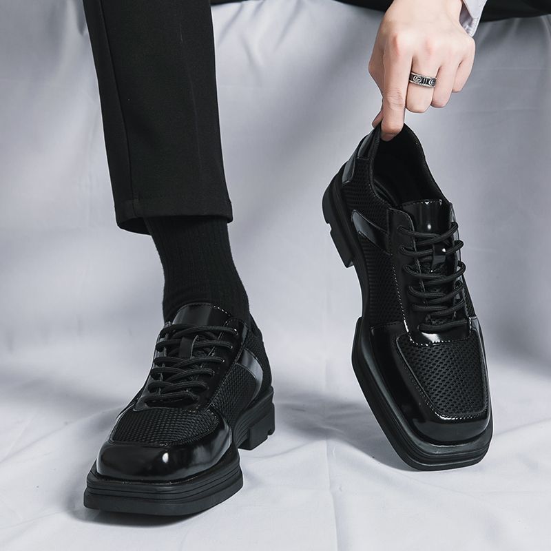 New Classic Men Square Toe Formal Dress Shoes Mens Platform Leather+Mesh Oxfords Lace Up Thick Sole Male Casual Shoes Banquet Wedding Shoes Party Shoes Black EUR Size 38-45