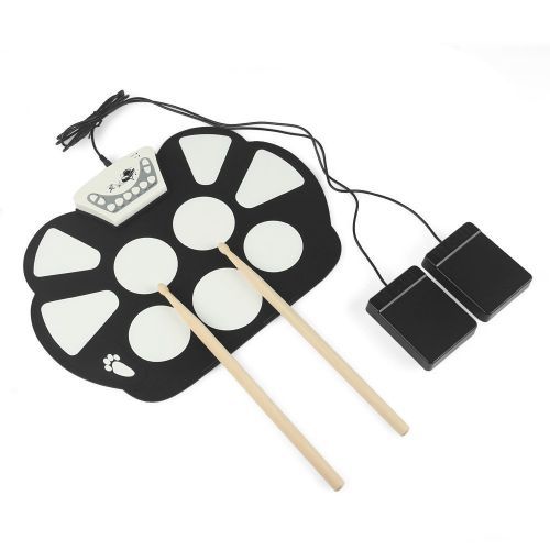 Portable Roll Up Drum Pad Set Kit - Digital Electronic Foldable Flexible Silicone Sheet 9 Pads With Drum Stick And Foot Switch Pedal Supports USB MIDI Output