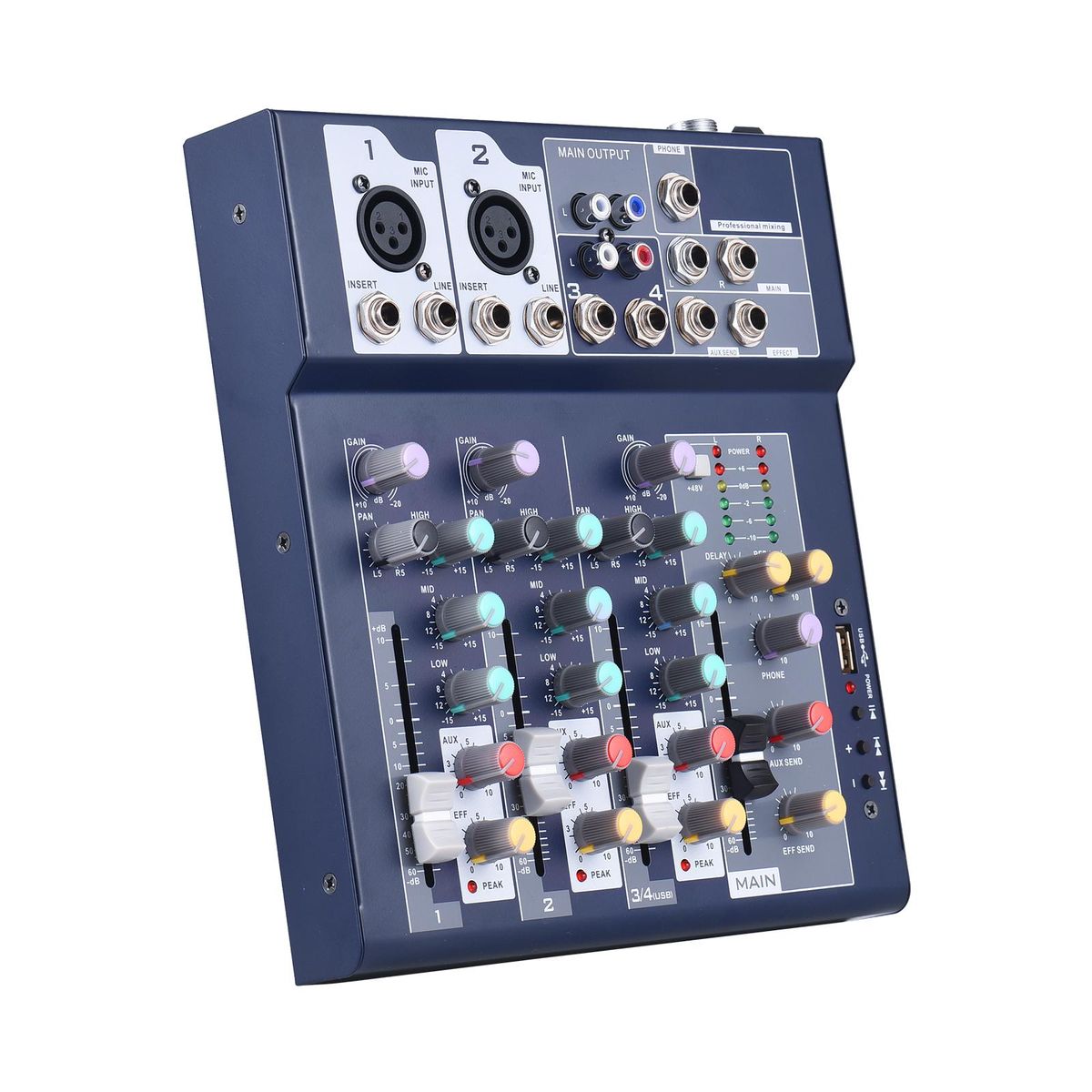 4-channel Mixing Console & Aux Paths Plus Effects Processor Digital Audio Mixer 3-band EQ Built-in 48V Phantom Power 4 Channels Mixer with USB Function for Home Studio Recording DJ Network Live Broadcast Karaoke