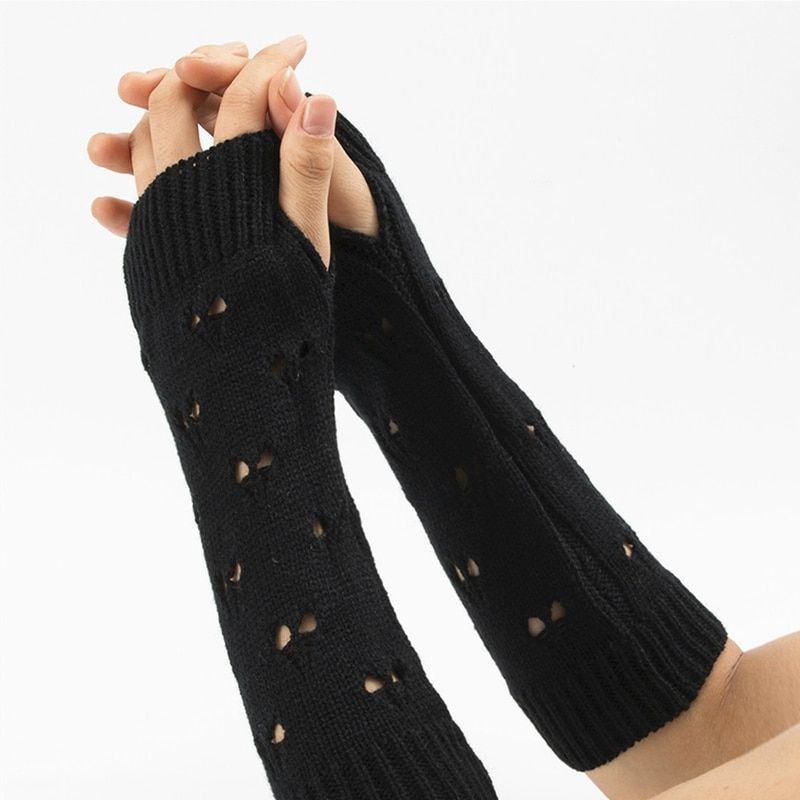 Women's Fingerless Gloves Emo Winter Gloves Mittens Goth Heated Gloves Arm Crochet Knitting Stylish Y2k Gothic Femenino Lolita Black