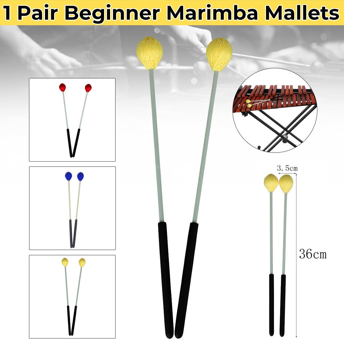 1 Pair Marimba Mallets Percussion Mallets With Nylon Yarn Head And Smooth Wood Handle For Beginners Yellow