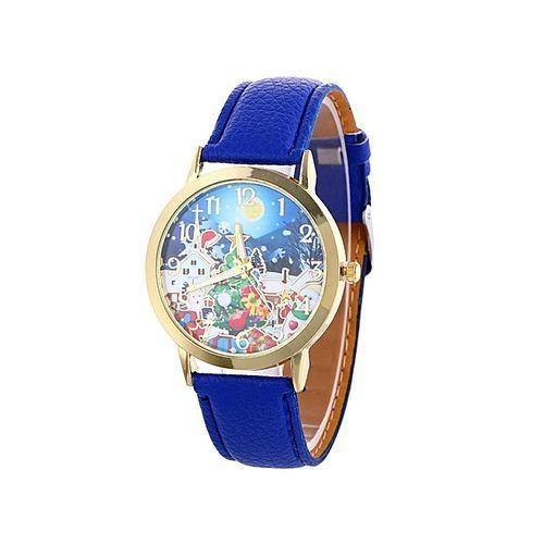 Christmas Cartoon Pattern Dial Analogy Display Quartz Women Wrist Watch-Blue