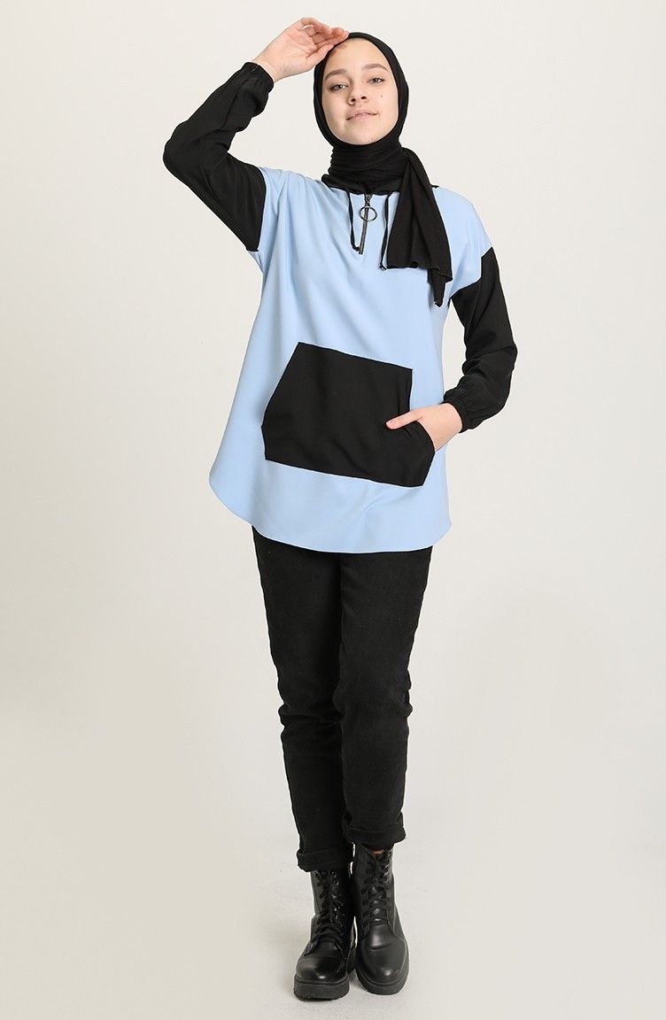 Muslim Kangaroo Pocket Hooded Garnish Tunic Dress Women Ramadan-sky Blue