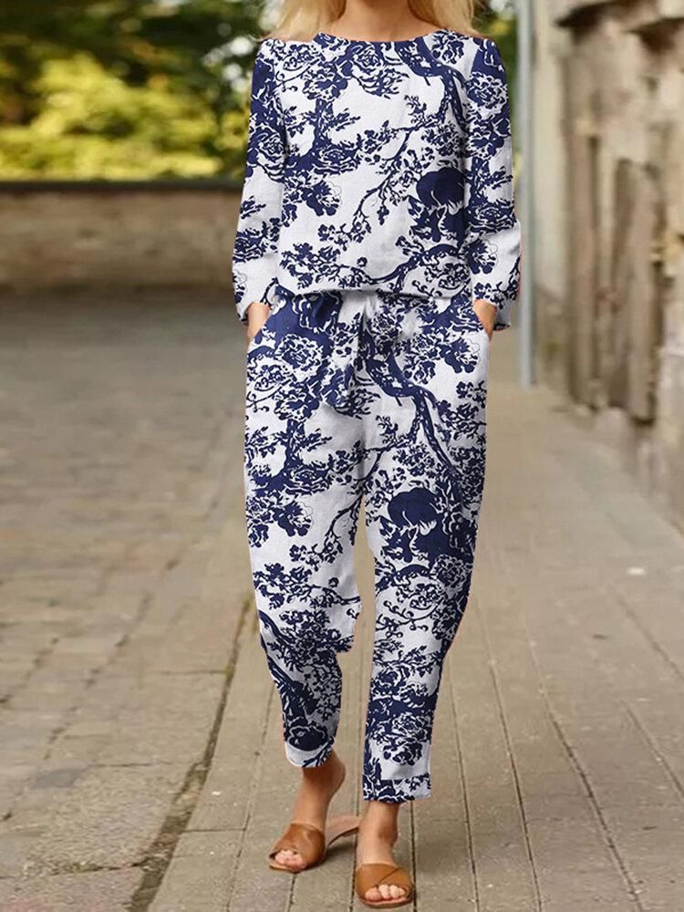 Plants Print Tie Pocket Long Sleeve Vintage Two Pieces Set