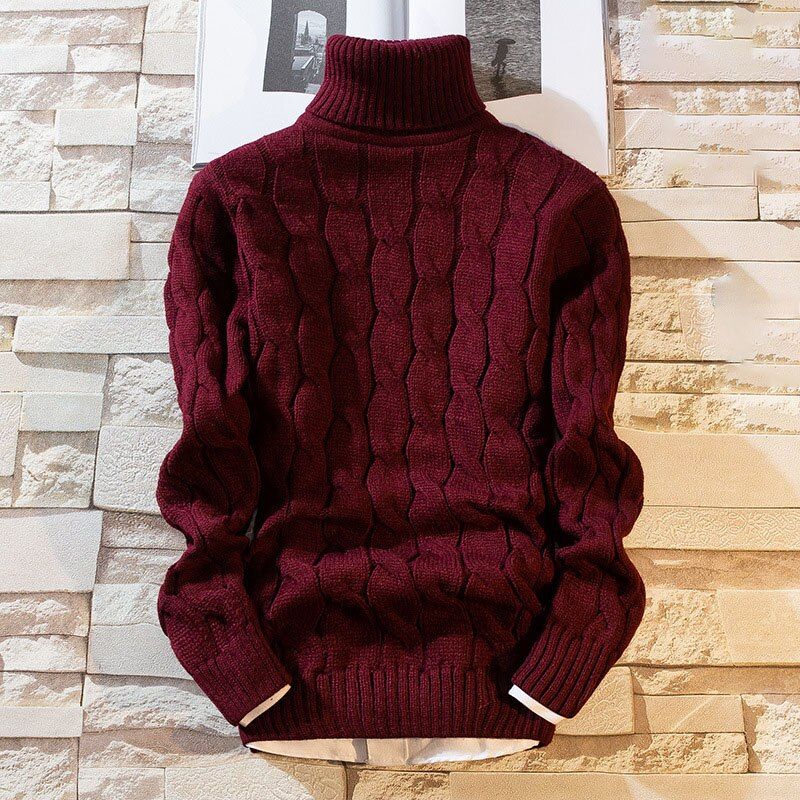2022 Men's Thick Turtleneck Sweater Pullovers Male Autumn Winter-01 Burgundy
