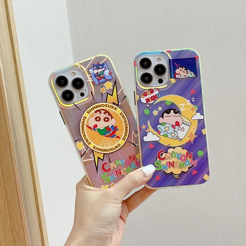 Applicable to Ipone13 Phone Case Apple 14pro Phone Case IMD Double-Sided Fluorescent Shell Cartoon Crayon Xiaoxin