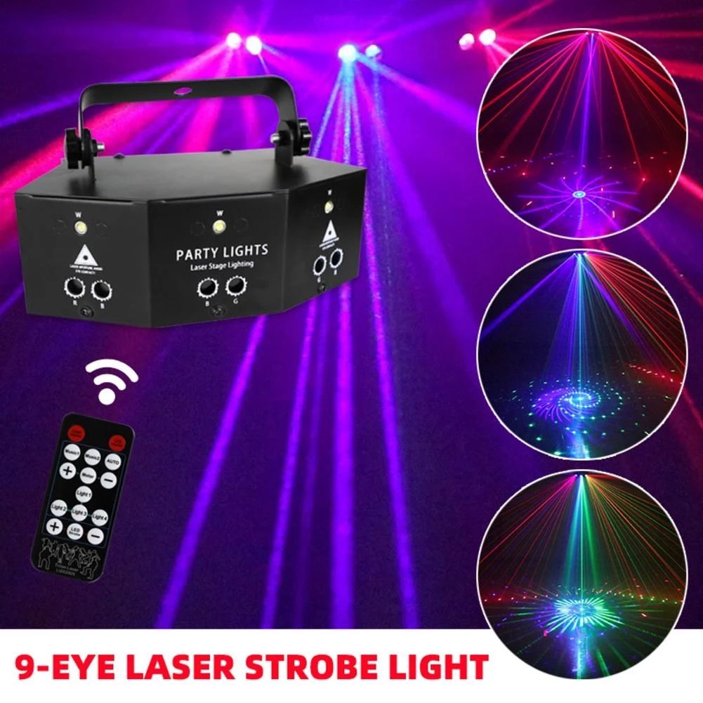 9-eye RGB Disco Lamp DMX Remote Control Stage Strobe Light Dj Led Laser Light Halloween Christmas Bar Party Projetor Home Decor