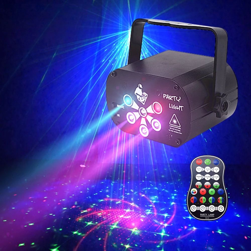 6 Holes 60 Patterns Mini RGB Disco Light DJ LED Laser Stage Projector Red Blue Green Lamp USB Rechargeable Wedding Birthday Party DJ Lamp