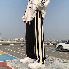 Loose Straight Pants Black Striped Cream