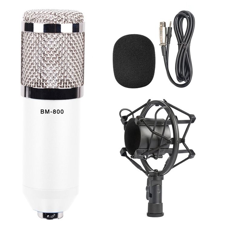 BM-800 3.5mm Studio Recording Wired Condenser Sound Microphone With Shock Mount, Compatible With PC / For Live Broadcast Show, KTV, Etc.(White)