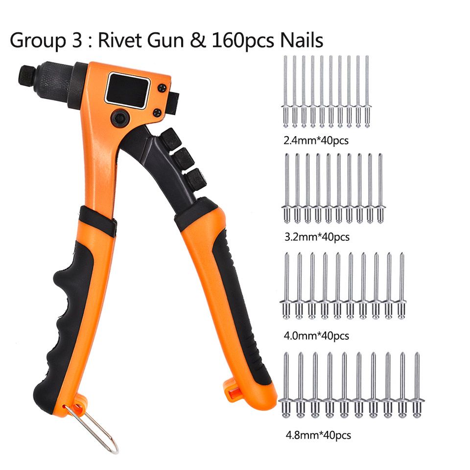 GOXAWEE 8” Hand Riveter Guns 4 In 1 Pop Heavy Duty Manual Rivet Nut Gun Tools Set With 2.4mm 3.2mm 4.0mm 4.8mm Rivet Nails 80pcs