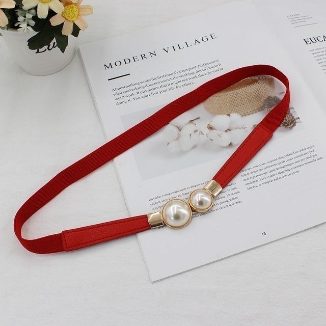 Creative Pearl Buckle Belt PU Leather Dress Skirt Waist Elastic Thin Women Belts Ladies Waistband(#Red)