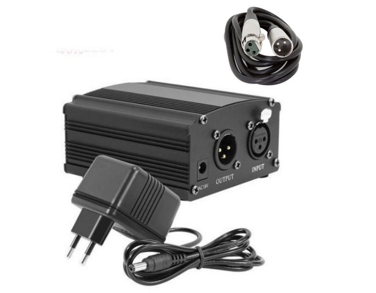 48V Phantom Power Supply With Adapter And XLR Cable For Condenser Microphones And Recording Equipment