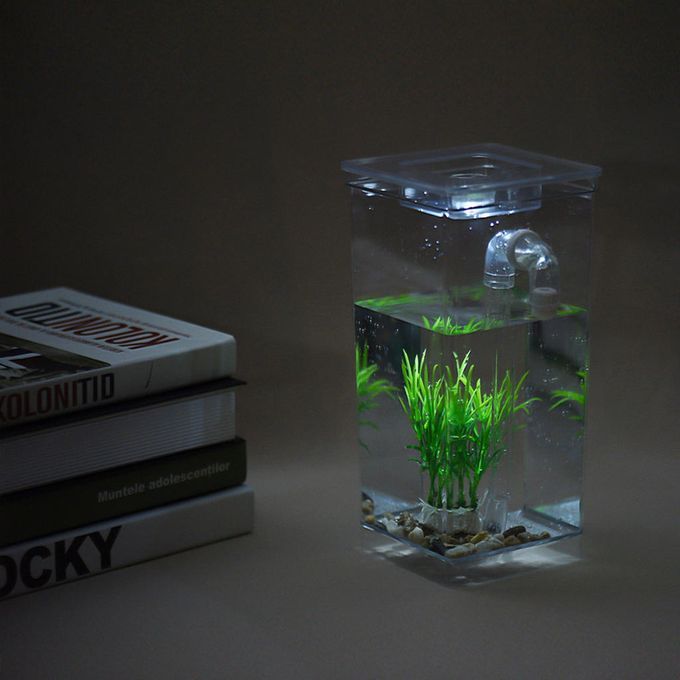 Small Desktop Aquarium LED Desk Table Fish Tank Aquatic Plants Cuboid
