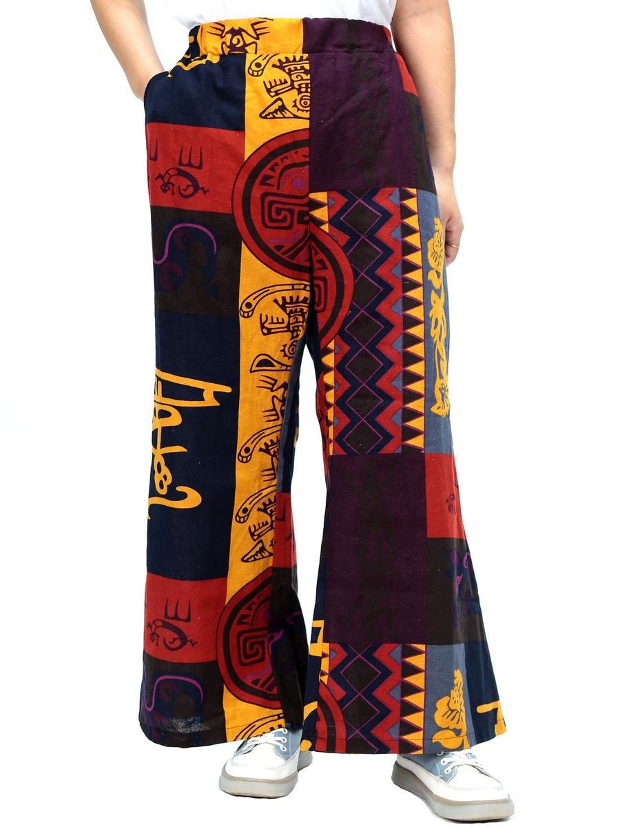 Women Wide Legs Pants with Pockets Vintage Print Plus Size Casual Holiday Trousers
