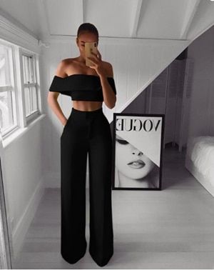 STYLISH Lady Neon Green 2 Piece Set Women Solid Off The Shoulder Crop Top And Wide Leg Pants 2019 Sexy Summer Two Piece Outfits（#Black）