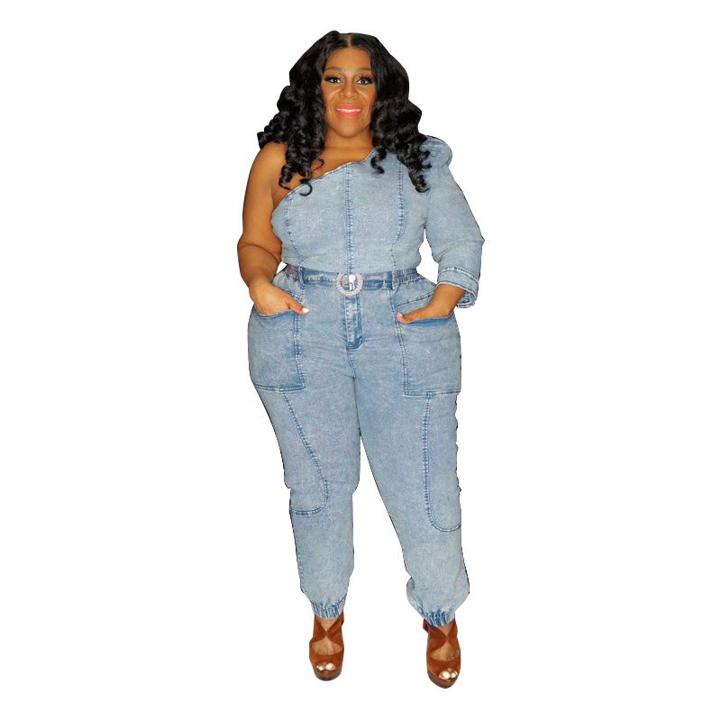 Plus Size Women Clothing Y Slanted Shoulder Stitching Cutout Top Slim Pants