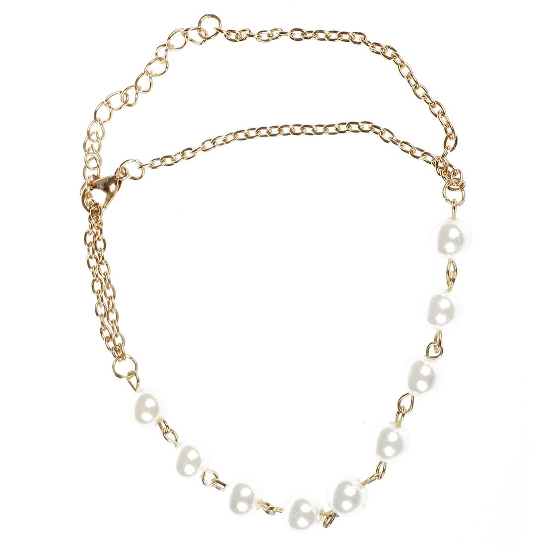 Women's Pearl Bracelet Bangle with Attached Chain Ring