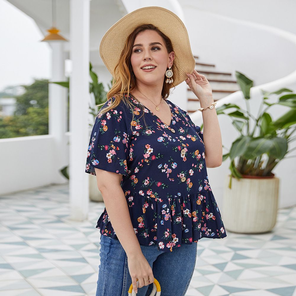 XL-4XL Women V Neck Short Sleeve Print Plus Size Blouse Tops Navy 2781