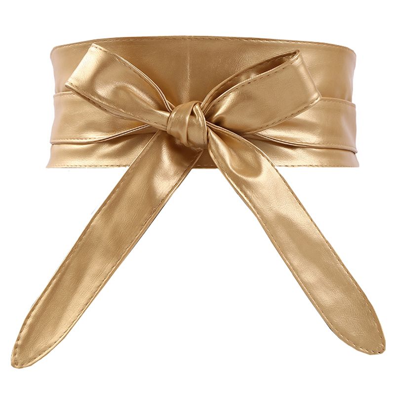 (gold)Fashion Ladies PU Leather Soft Luxury Girdle Waist Seal Women Super Long All-Match Bow-K XXM