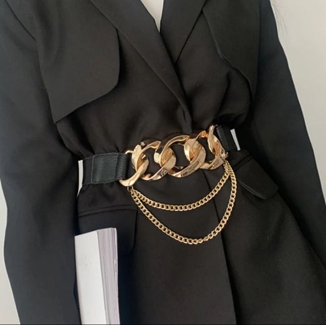 Luxury Brand Gold Chain Belt Elastic Black Black