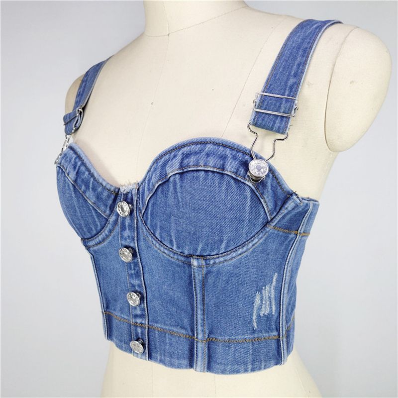 (Blue)Cupnaya Women Stonewashing Distress Denim Crop Top Removable Strap Ladies Slim Fit Bustier Short Cami Summer  Underwear Tank WEF