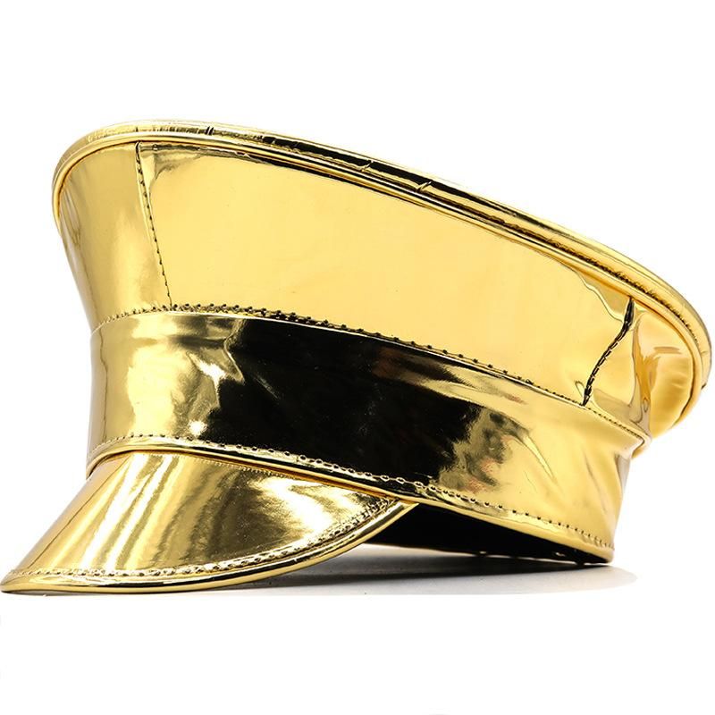 Women Men Patent Leather  Hat Germany Officer Visor Cap  Hat Cortical Police Cap Prom Performance Party Singer Hat