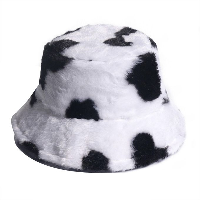NEW FASHION UNISEX Cow Print Thickened Bucket Hat Plush Wide Brim Foldable-Cow