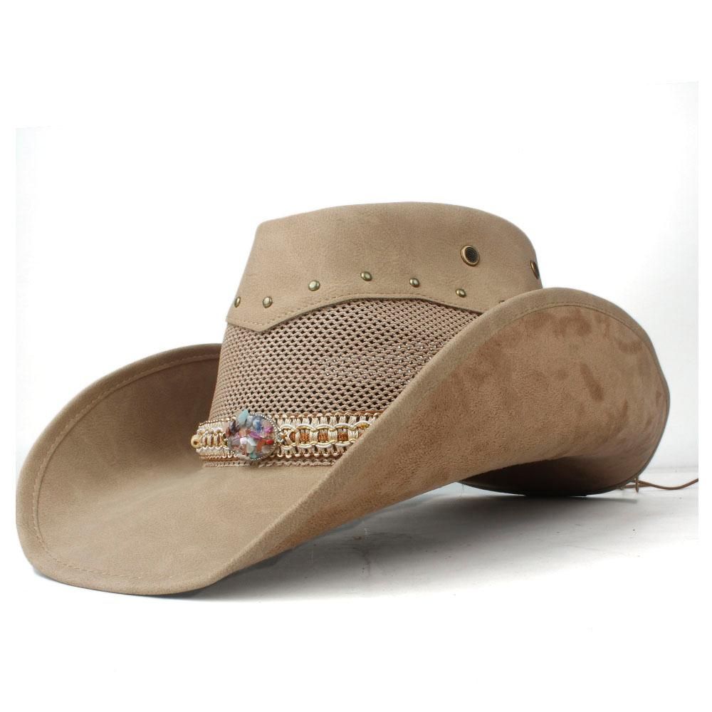 100% Leather Women Mesh Western Cowboy Hat Lady Wide Brim Hat Outdoor Sombrero Hombre Cowgirl Hat