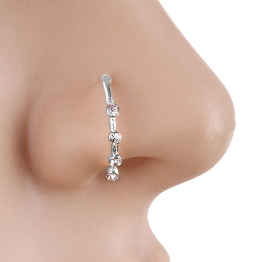 Sparkly Rhinestones U Shape Nose Stud Hoop Nose Ring-Silver