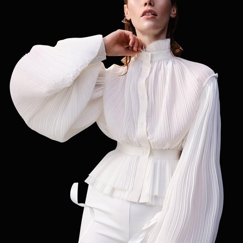 white pleated chiffon high neck women top