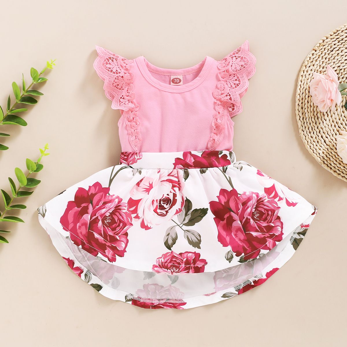 Baby Girls Rose Print Pink Sleeveless Bodysuit Sundress