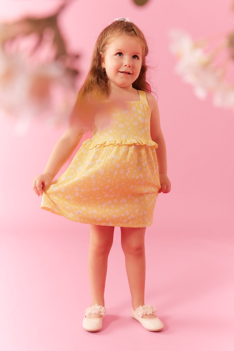 BabyGirl Casual Regular Fit Collarless Strappy Knitted Dress - Yellow