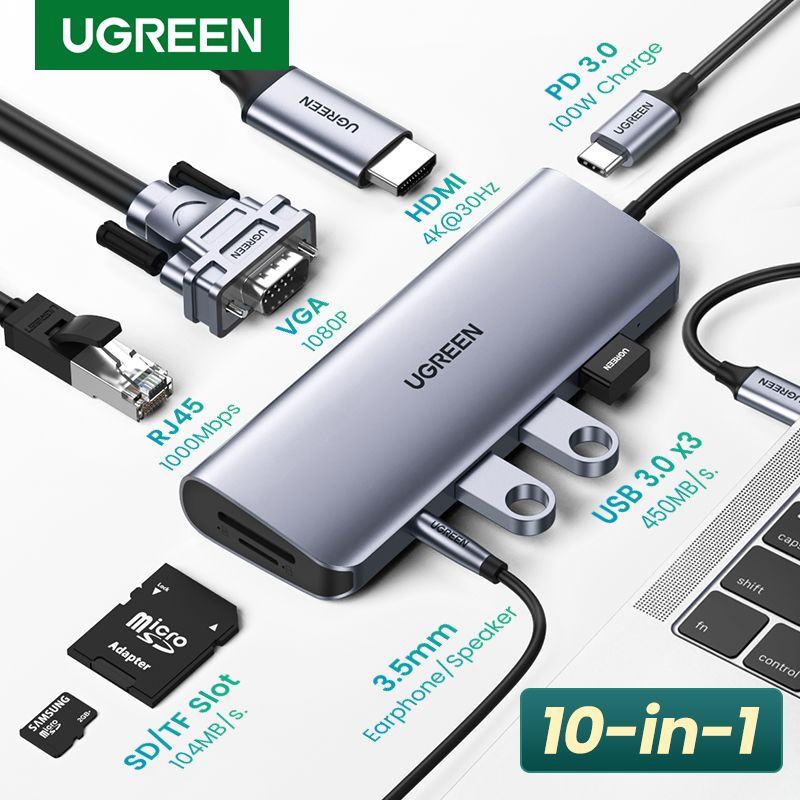 USB C HUB 10in1 Type C To HDMI 4K USB 3.0 VGA PD 3.5mm Gigabit Ethernet