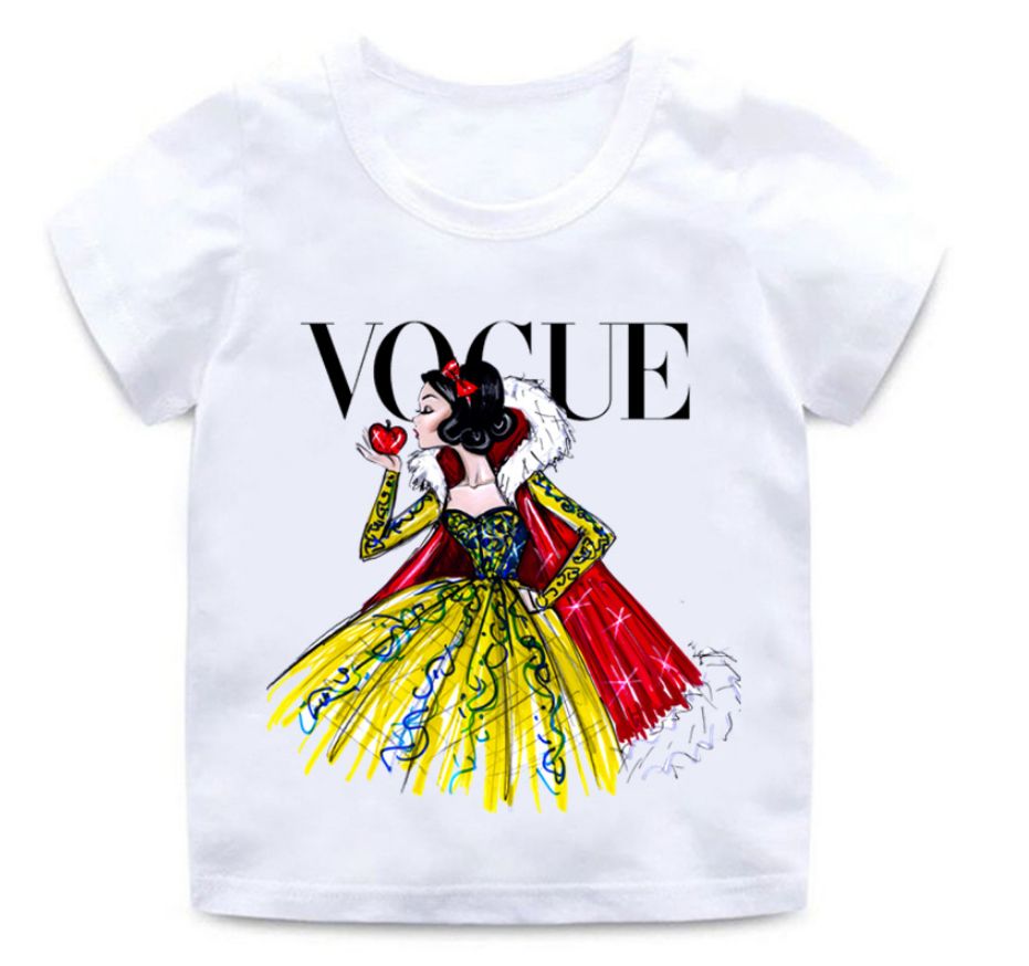 VOGUE Princess Print Girls T Shirt Cartoon Casual Kids Clothes Harajuku White Baby T-shirt