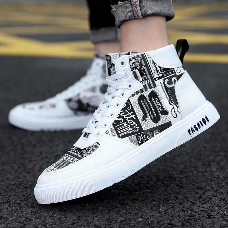 Size(39-46) Plus size men's sneakers high top graffiti sneakers White Black