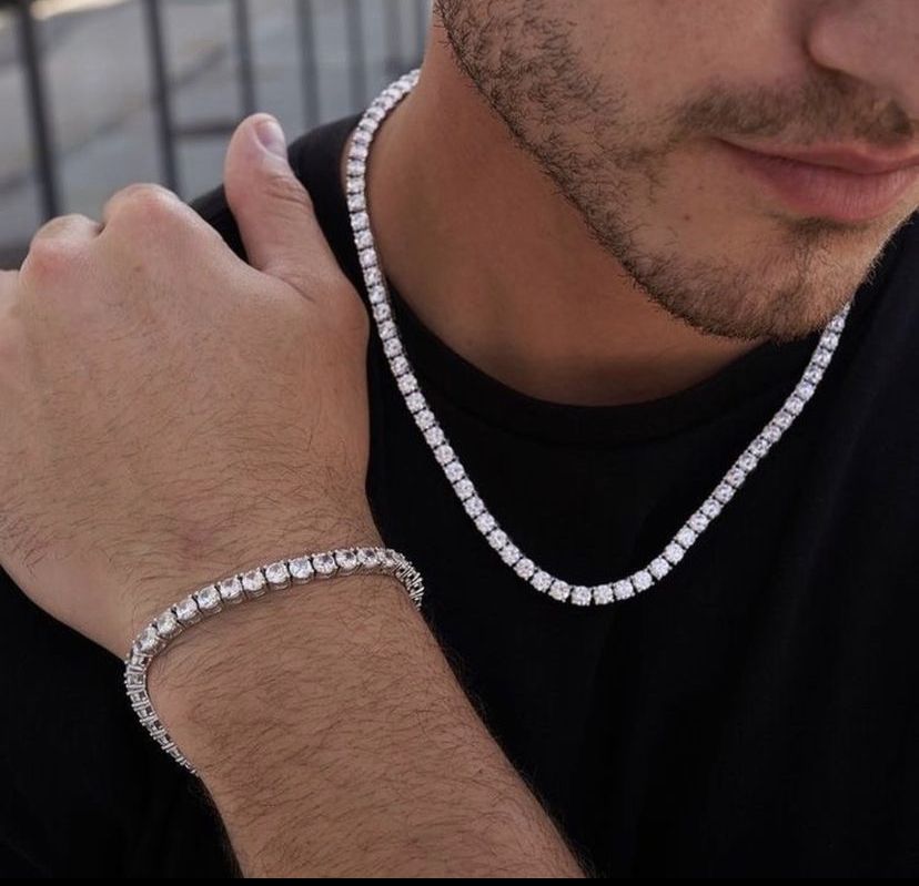 HIGH QUALITY SILVER ICE TENNIS NECKLACE AND BRACELET WOMEN MENS