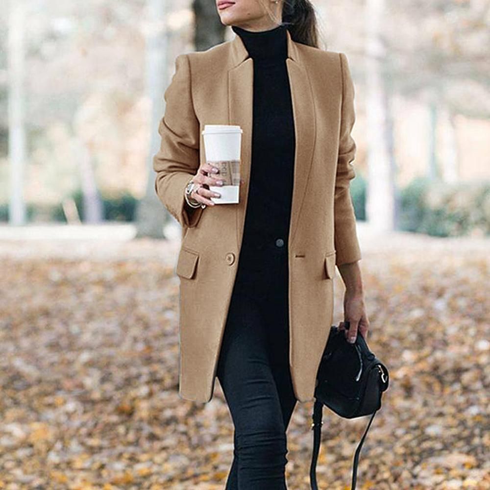Women Trench Long Coat Winter Spring Lapel Long Sleeve Coats Office Ladies Solid Slim Overcoat Outwear