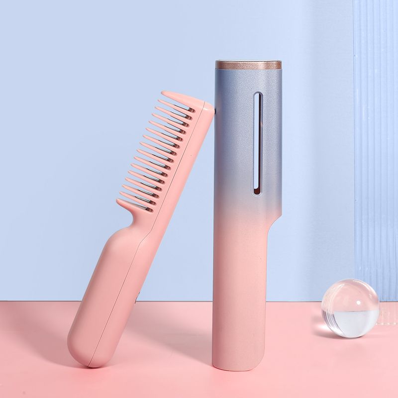 Wireless Hair Straightener Heating Brush Hot Comb USB Rechargeable Hair Straightening Brushes Portable Ceramic Hair StyleTools Pink