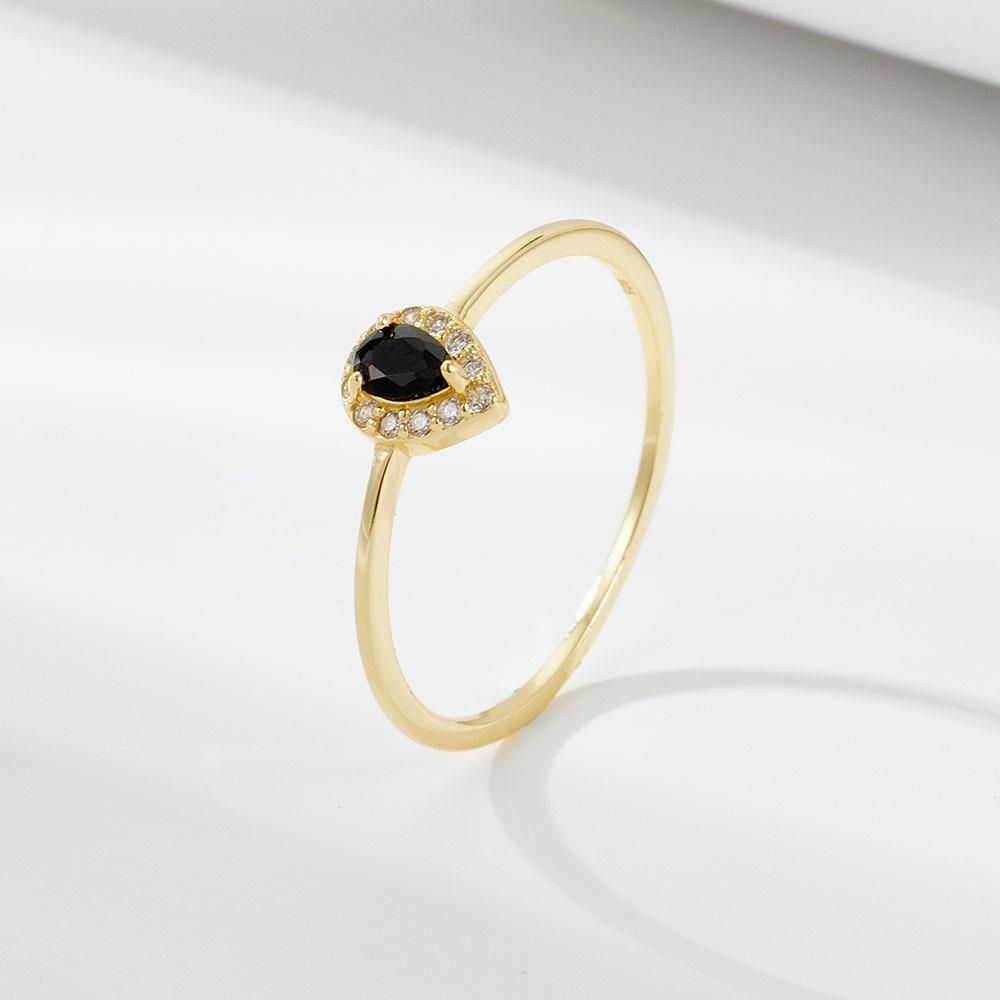 Water Drop Black Zircon Ring with Diamond Tail for Women