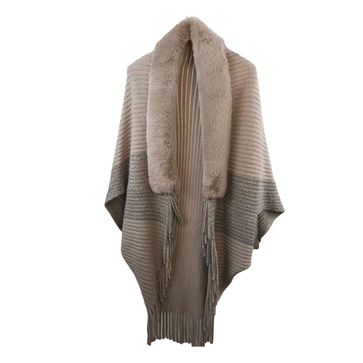 Women Shawl Cozy Chic Knitted Plush Tassel Cardigan for Parties Light Coffee