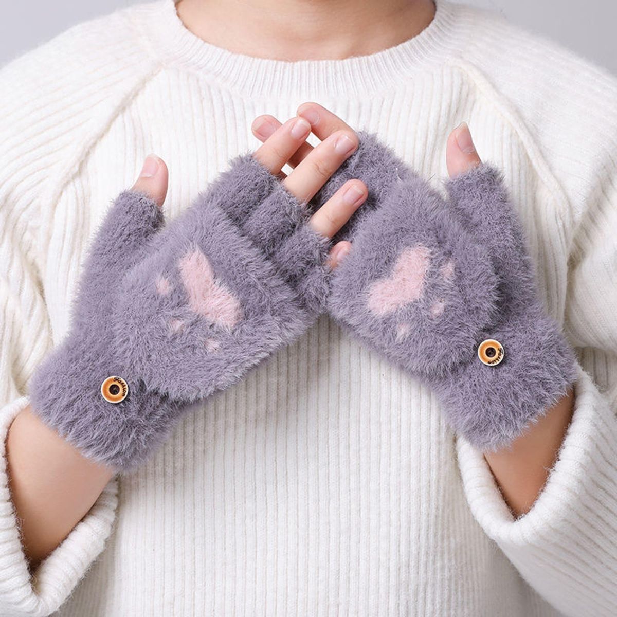 1 Pair Lady Girls Winter Thermal Knitting Writing Mittens Grey