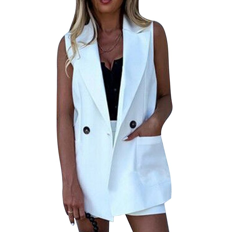 (White)Women Two-Piece Suit Waistcoat And Shorts Set Solid Color Vest Coat Single Button Yellow Sleeveless Blazers With Shorts Suit GRE