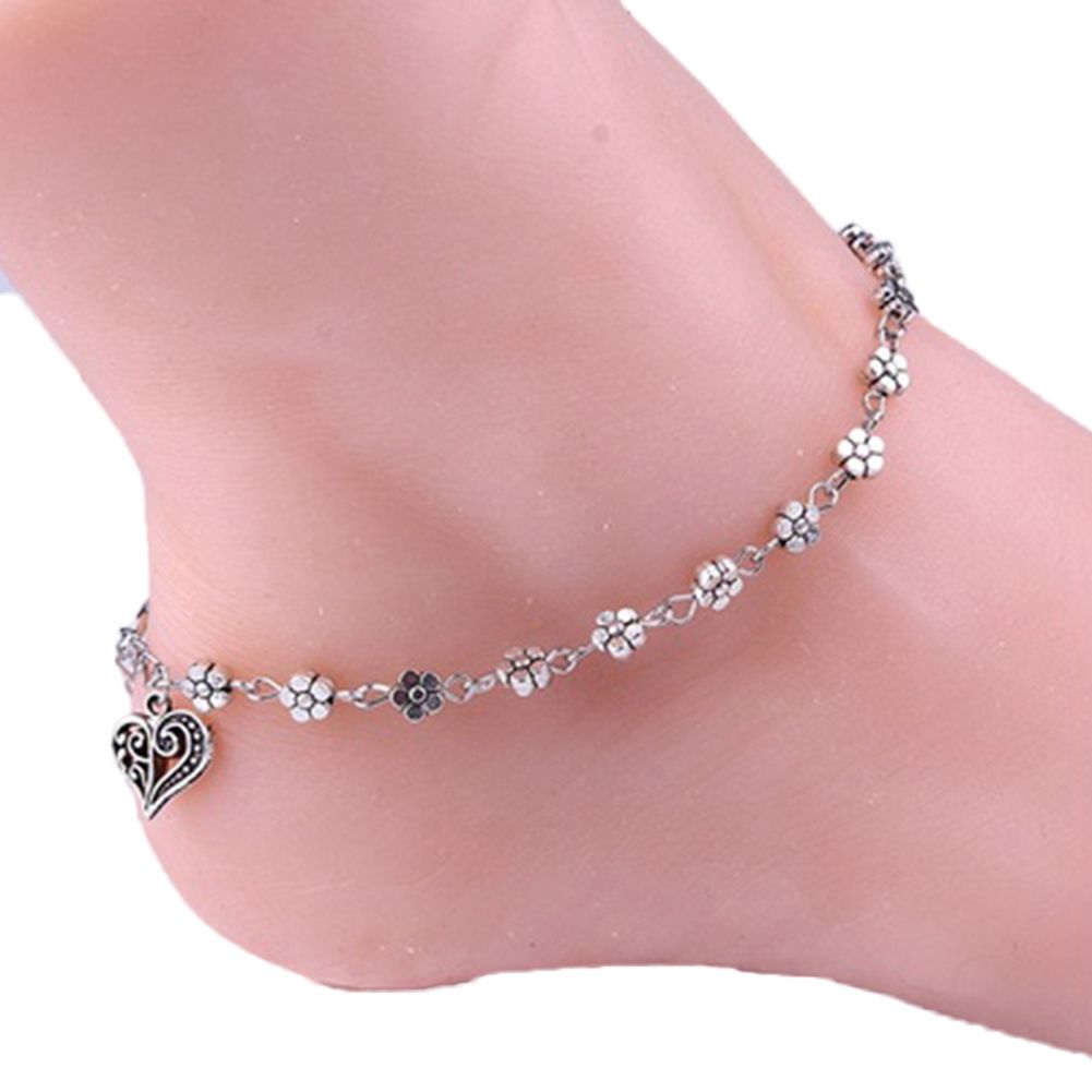 Women Retro Alloy Flower Bead Chain Anklet Barefoot Sandal-