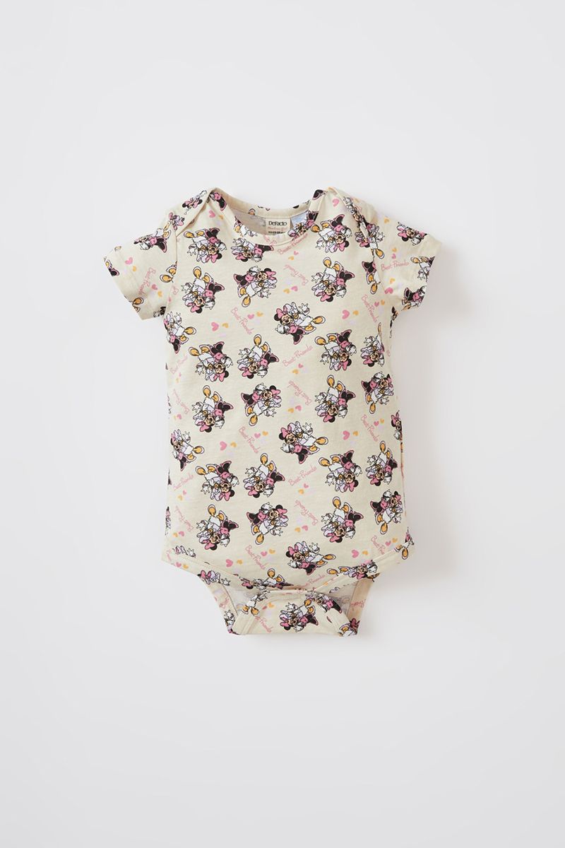 BabyGirl - Regular Fit Envelope Neck Knitted Short Sleeve Snap Body - Beige
