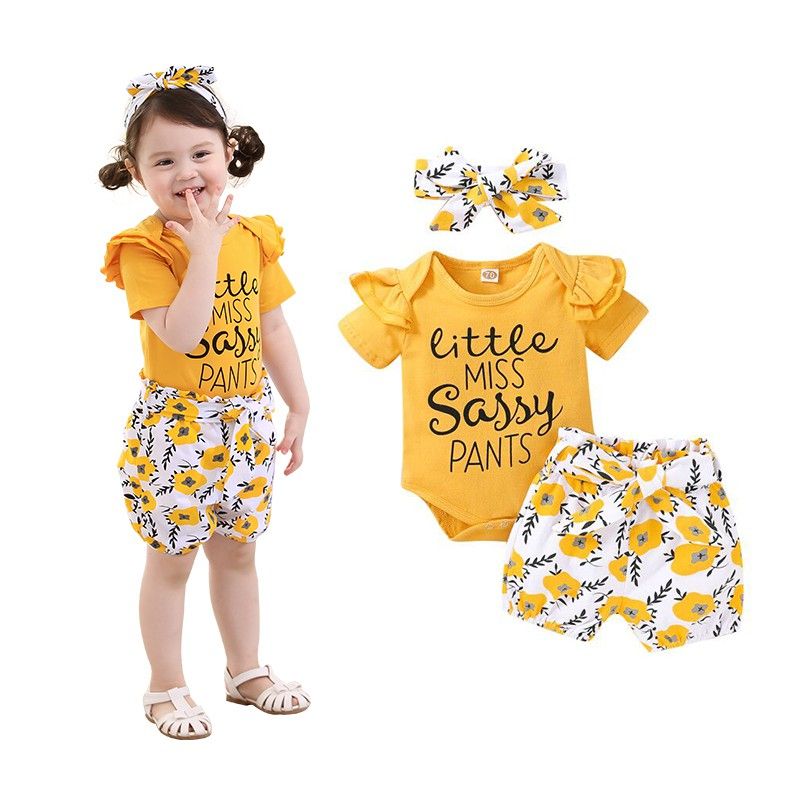Newborn Baby Girls Outfit Letter Print Short Sleeve Bodysuit + Floral Shorts + Headband