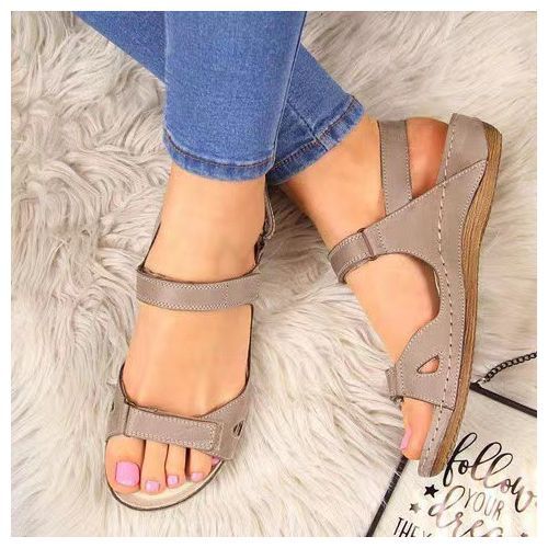 Ladies Fashion Sandals Wedge Heels Large Size Flat Sandals And Slippers-Gray