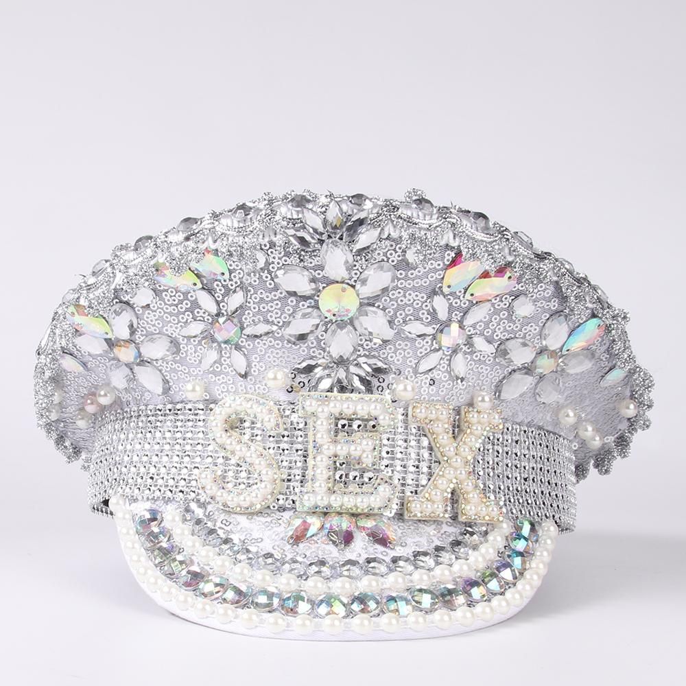 Women Sequin ing Silver Bride  Hat Handmade Sailor Captain Sergeant Hat Birthday Festival Part Hat